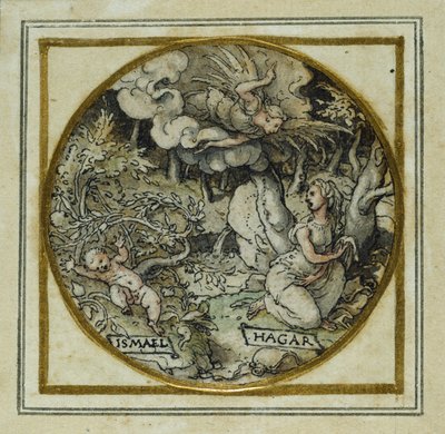 Hagar och Ishmael - Design för ett hänge eller hattmärke, c.1532-43 (penna och bläck på papper) av Hans Holbein der Jüngere