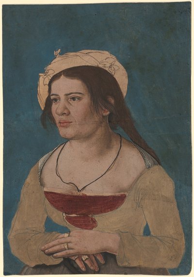 Hans Holbein d.y. (cirka) - Porträtt av en ung kvinna med rött livstycke, Inv. 1823.143 av Hans Holbein the Younger