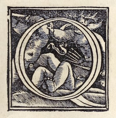 Upplyst "O" från 1518 års Basel tredje upplagan av "Utopia" av Sir Thomas More (1478-1535) publicerad första gången 1516. Träsnitt av Hans Holbein den yngre (ca 1497-1543) som visar puttistrider. av Hans Holbein der Jüngere