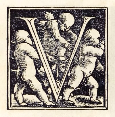 Upplyst "V" från 1518 års Basel tredje upplagan av "Utopia" av Sir Thomas More (1478-1535) publicerad första gången 1516. Träsnitt av Hans Holbein den yngre (ca 1497-1543) av Hans Holbein der Jüngere