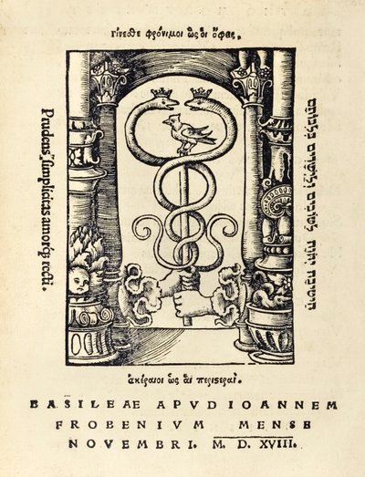 Skrivarmärke av Johann Frobens (ca 1460 -1527) som visar två händer som håller caduceus från 1518 års tredje upplaga av "Utopia" av Sir Thomas More (1478-1535) publicerad först 1516. Träsnitt av Hans Holbein den yngre (ca. 1497-1543) av Hans Holbein der Jüngere