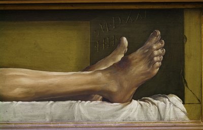 The Body of the Dead Christ, detalj av fötterna och signatur och datum för verket, 1521 tempera på limewood av Hans Holbein der Jüngere