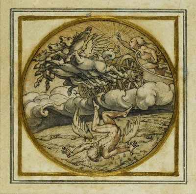 The Fall of Icarus - Design för ett hänge eller hattmärke, c.1532-43 (penna och bläck på papper) av Hans Holbein der Jüngere