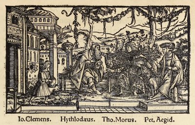 Träsnitt från 1518 tredje upplagan av "Utopia" av Sir Thomas More (1478-1535) publicerad i Basel som visar författaren samtala med huvudpersonen Raphael Hythloday om det ideala samhället han hittade på ön Utopia. Träsnitt av Hans Holbein den yngre av Hans Holbein der Jüngere