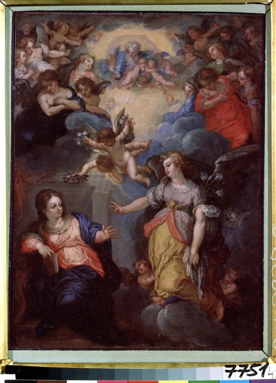 Bebådelsen. Målning av Hans Rottenhammer Ljumsken (1564-1625). Olja på koppar, 37 x 21 cm. Tysk konst, mannerism. Statens museum för utländsk konst i Republiken Lettland, Riga (Lettland). av Hans I or Johann Rottenhammer
