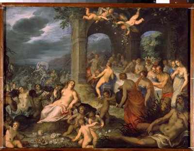 Gudarnas högtid, Peleus och Thetis äktenskap. Till vänster, Merin-gudomar (salamandrar och naider). I mitten, jordgudinnan Tellus Mater (eller Terra Mater eller Gaia) med ett abonhorn av Hans I or Johann Rottenhammer