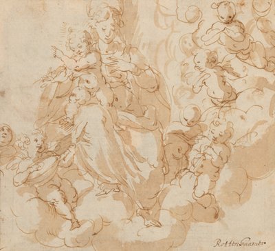 Recto: Jungfrun och barnet sittande på moln, omgiven av putti av Hans I or Johann Rottenhammer
