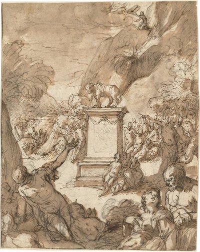 Tillbedjan av den gyllene kalven av Hans I or Johann Rottenhammer