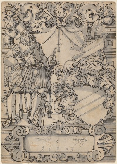 En donator med en vapensköld (Shield Companion och Slanting Bar Heraldic Shield) av Hans Jegli II