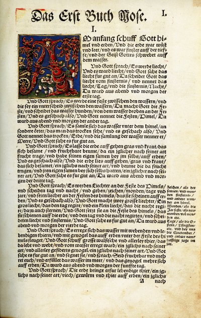Öppningssidan för 1 Moseboken i Martin Luthers bibelöversättning av 1534 av Hans Luft