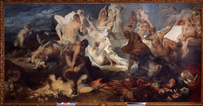 Slaget vid Kentaurerna och Lapiterna eller Laphiterna (Slaget om Kentaurerna och Lapiterna). I den grekiska mytologin slaktade lapiterna kentaurerna. Målning av Hans Makart (1840-1884). Olja på duk. Österrikisk konst, art nouveau-period. State Museum of F av Hans Makart