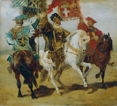 Tre monterade standardbärare av Hans Makart