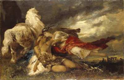 Valkyrie et un heros mourant - Valkyrie och en döende hjälte, av Makart, Hans (1840-1884). Olja på duk. Mått: 130x200 cm. Nationalmuseum Stockholm av Hans Makart
