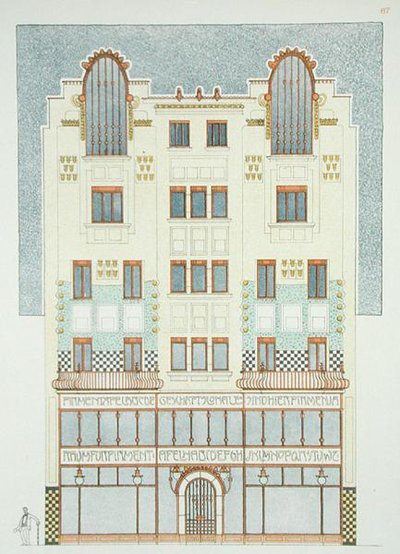 Design för en femvåningsbyggnad, tidigt 1900-tal, från "Documents Architecture Moderne" (litho i färg) av Hans Mayr