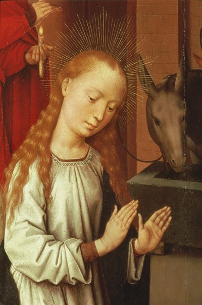 Detalj av jungfrun från en julkrubba av Hans Memling