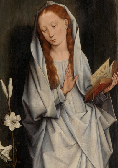 Detalj av Jungfrun, från baksidan av ett par vingar som visar bebådelsen (olja på panel) av Hans Memling