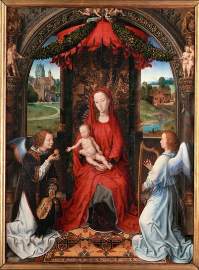 Madonna med barn, ängel med violin i handen (flämtar) av Hans Memling