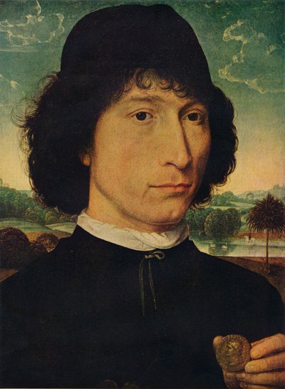 Porträtt av en man som håller ett mynt av kejsar Nero, 1474 av Hans Memling