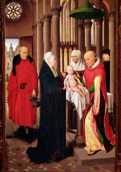 Presentation i templet. Höger panel av Triptych of Adoration of the Magi (Detrempe på trä, ca 1470) av Hans Memling