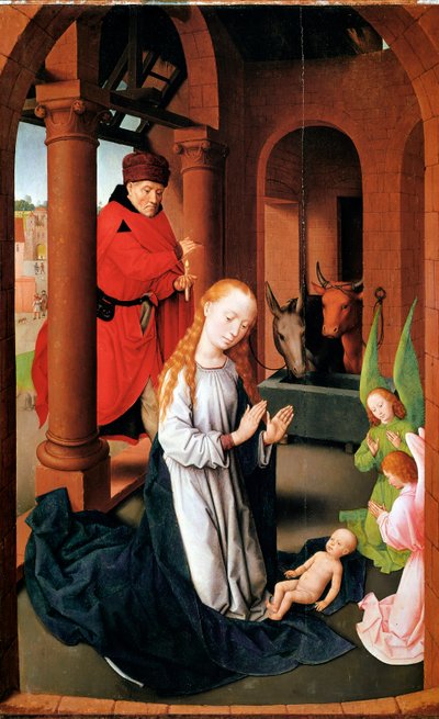 Födelsekyrkan. Vänster panel av tillbedjans triptyk (Detrempe på trä, ca 1470) av Hans Memling