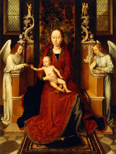 Jungfrun och barnet tronade med två änglar, av Hans Memling