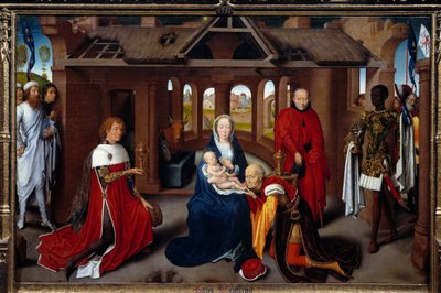Triptyk av tillbedjan av männen: central panel. Magerna är som Charles the Temeraire och Philip the Good. Detrempe på trä av Hans Memling (1433-1494). omkring 1470, sön. 0,95x1,45 m Madrid. Musee du Prado. - Triptyk över magiernas tillbedjan: cent av Hans Memling