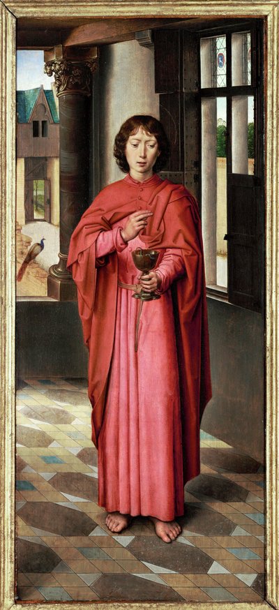 Triptyk av John Donne: högra luckan, Saint John Evangelist, namnhelgon till Sir John Donne (olja på ek) av Hans Memling