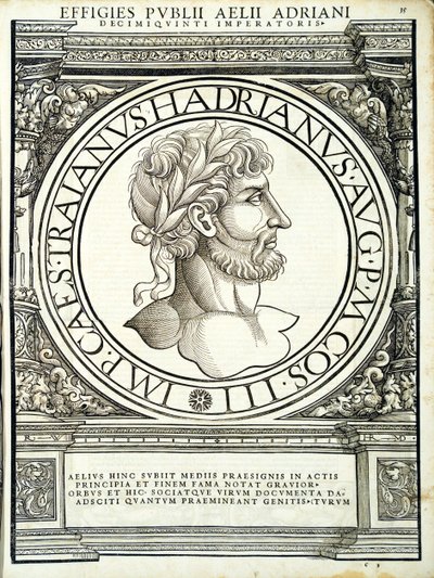 Aelius Hadrianus, illustration från de romerska kejsarna i hela öst och väst, de sannaste bilderna av antika mynt, träsnitt av Rudolph Wyssenbach, tryckt av Andreas Gesner, Zuri av Hans Rudolf Manuel Deutsch