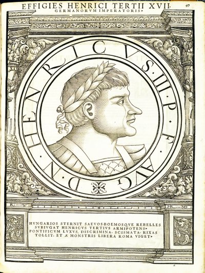 Henricus III, illustration från "Imperatorum romanorum omnium orientalium et occidentalium verissimae imagines ex antiquis numismatis", träsnitt av Rudolph Wyssenbach, tryckt av Andreas Gesner, Zürich. av Hans Rudolf Manuel Deutsch