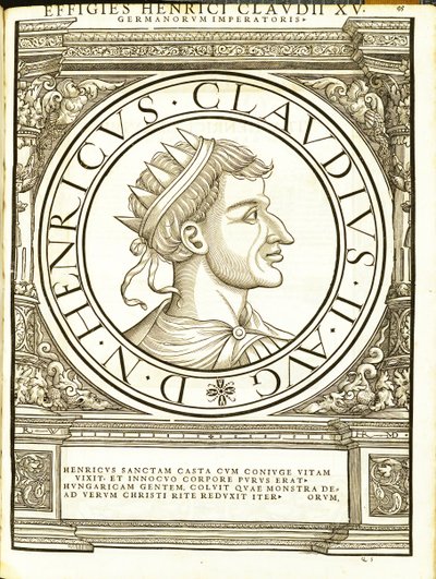 Henrik II Claudus, illustration från de romerska kejsarna i hela öst och väst med de mest autentiska bilderna av de gamla mynten, träsnitt av Rudolph Wyssenbach, tryckt av Andreas Gesner, Z av Hans Rudolf Manuel Deutsch