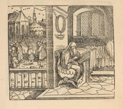 Bedjande kvinna och begravningståg av Hans Schäufelein (possibly)