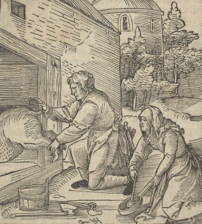 En bonde som slaktar ett svin, från Hymmelwagen auff dem, wer wol leben..., 1517. av Hans Schäufelein the Elder