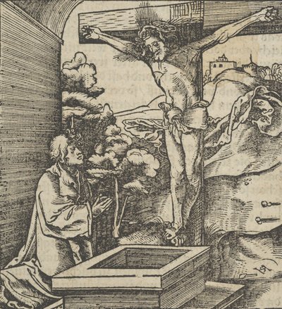 En man som ber framför ett krucifix, från Hymmelwagen auff dem, wer wol Leben..., 1517. av Hans Schäufelein the Elder