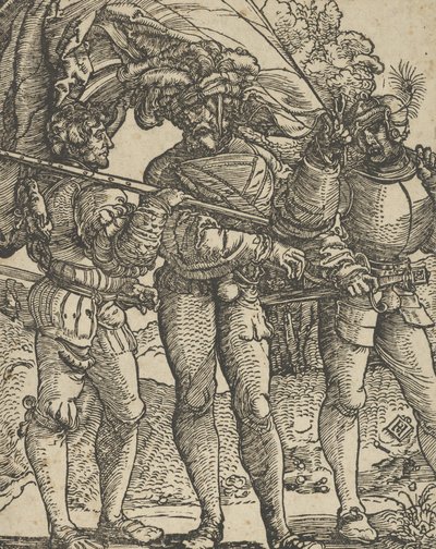 En fanbärare flankerad av en Lansquenet vid varje sidokopia. av Hans Schäufelein the Elder
