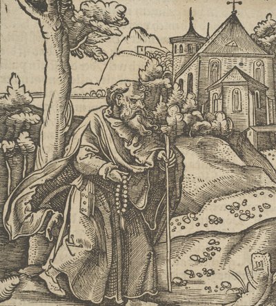 En gammal pilgrim som går till höger, från Hymmelwagen auff dem, wer wol Leben..., 1517. av Hans Schäufelein the Elder