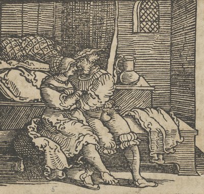 Spinneloccio inlåst i en kista, på vilken hans fru och Zeppa sitter, från The..., före 1534. av Hans Schäufelein the Elder