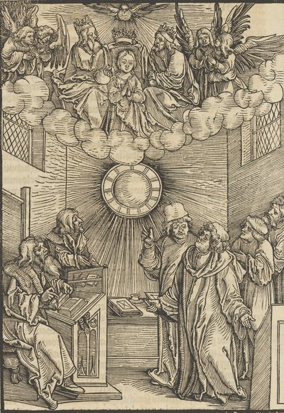 The Author Writing the Layenspiegel, The Trinity and the Virgin at the Upper Center, från ..., 1511. av Hans Schäufelein the Elder