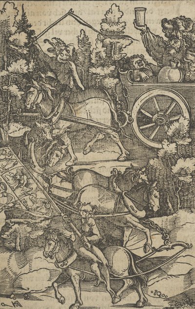 Den berusade mannen på en vagn på väg till helvetet, från Hymmelwagen på vem som lever....., 1517. av Hans Schäufelein the Elder
