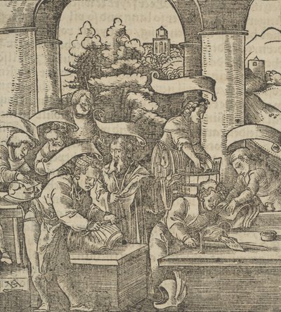 The Making of Armours, från Hymmelwagen om vem som lever gott..., 1517. av Hans Schäufelein the Elder