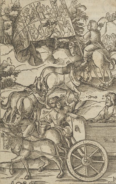 Den dygdige mannen på en vagn på väg till himlen, från Hymmelwagen auff dem, wer wol leb..., 1517. av Hans Schäufelein the Elder