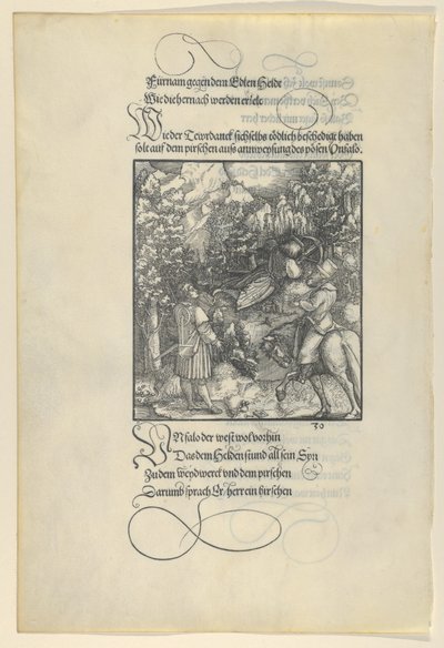 Unfalo får Theuerdanck att falla i en fälla under en jakt, från Theuerdanck, 1517. av Hans Schäufelein the Elder