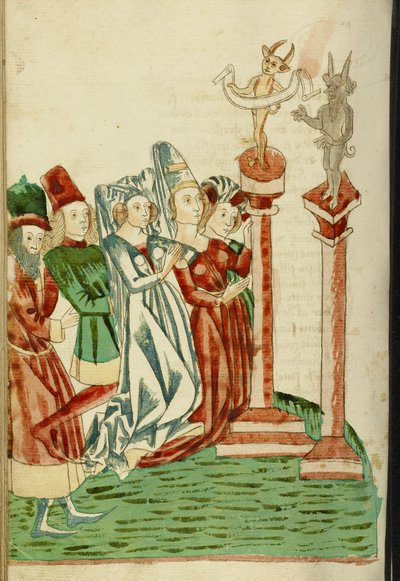 A Group of men and Women Worship Two Idols, 1469 (bläck, tvättar och tempera på papper) av Hans Schilling