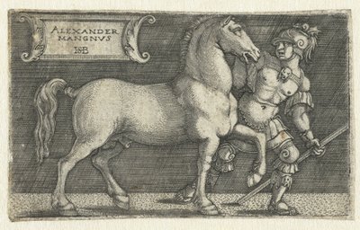 Alexander den store med sin häst Bucephalus Alexander Mangnvs (titel på objekt) av Hans Sebald Beham
