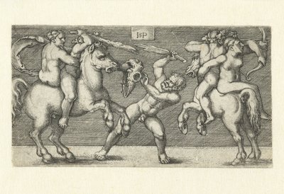 Slåss mellan två män med kvinnor till häst och en stående man av Hans Sebald Beham