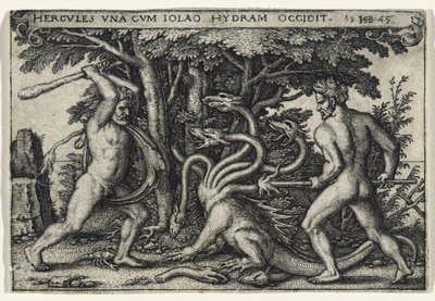 Hercules Slaying the Hydra, 1545 (gravyr på lagt papper) av Hans Sebald Beham