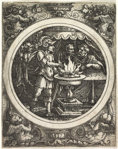 Mucius Scaevola håller sin hand i elden av Hans Sebald Beham