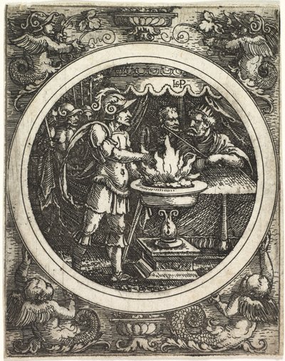 Mucius Scaevola håller sin hand i elden, ca. 1520. av Hans Sebald Beham