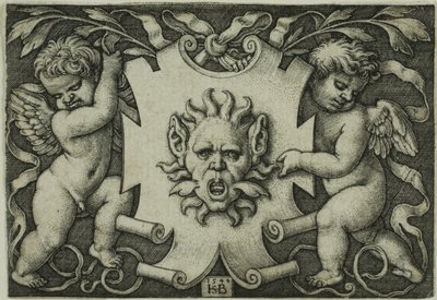 Prydnad med en mask som hålls av två genier av Hans Sebald Beham