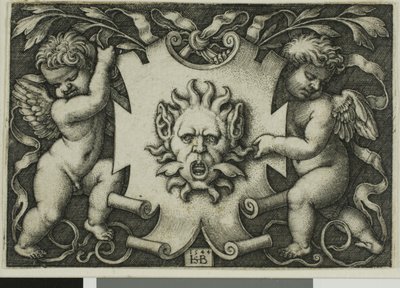 Prydnad med en mask som hålls av två genier av Hans Sebald Beham