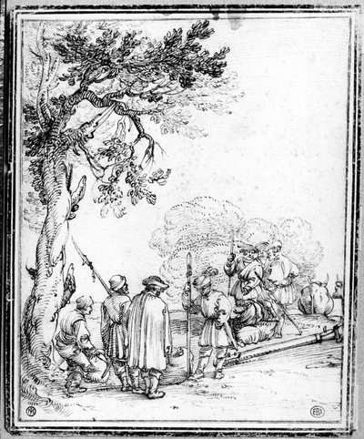 Bönder och soldater som handlar (bläck på papper) av Hans Sebald Beham